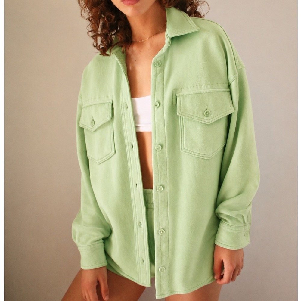 Aritzia Wilfred Free Green Terry Fleece Shirt Jacket Shacket‎ Oversized Size XS